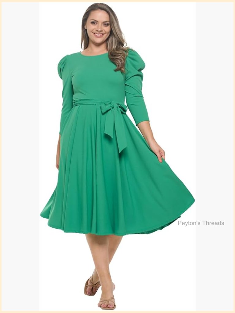 Women's 3/4 Long Sleeve Midi Cocktail Dress With Pockets And Tie Waist
